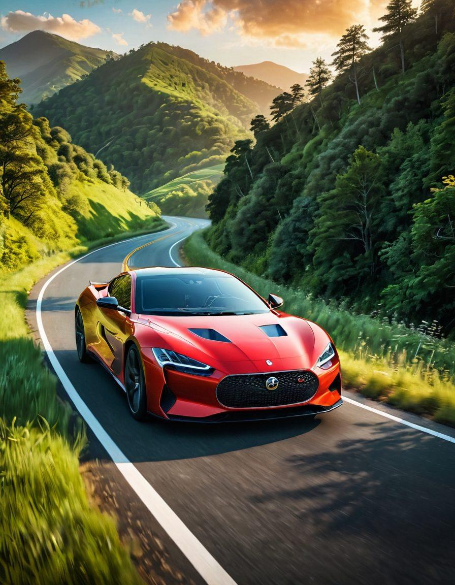 A sleek car on an open winding road, surrounded by lush green hills and trees symbolizing sustainability. Incorporate automotive tools and guides fluttering in the breeze, signifying tips for car enthusiasts. Add a sunrise in the background to inspire a sense of adventure. Utilize vibrant colors to evoke excitement and passion for vehicles. super-realistic. vibrant colors. 3D.