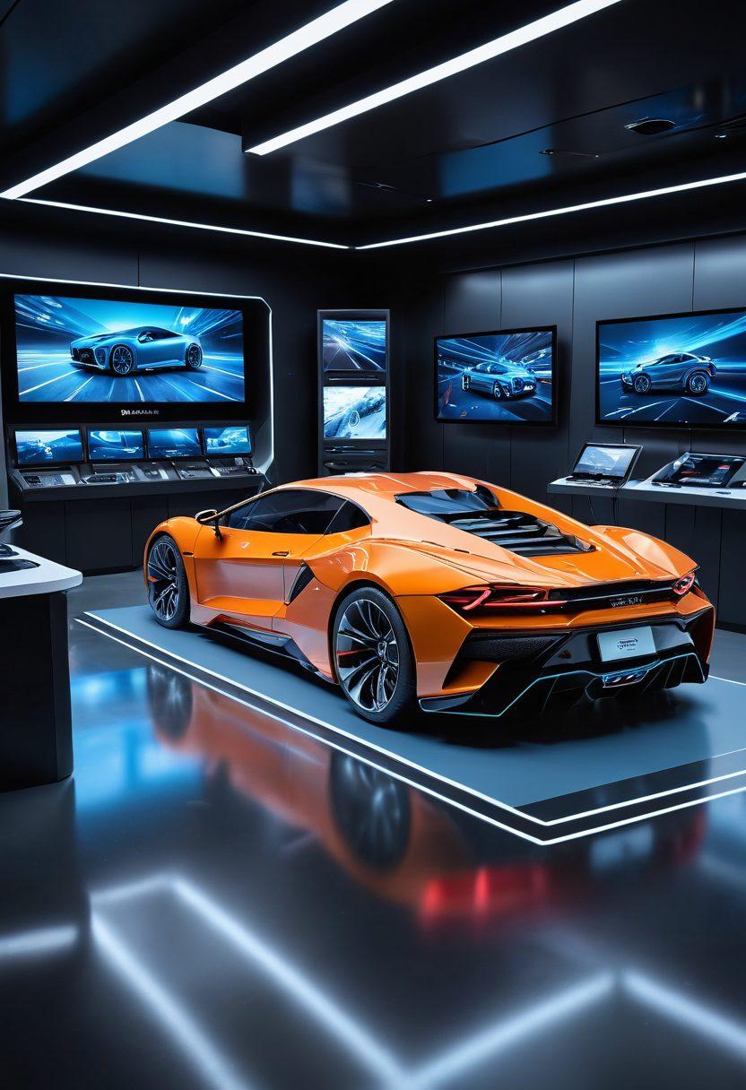 A futuristic automotive lab filled with high-tech gadgets and tools, showcasing a sleek car model being modified by excited engineers. Bright digital screens display real-time data and review ratings, while blueprints float around, highlighting cutting-edge features. The atmosphere is energetic and innovative, capturing the essence of automotive evolution. super-realistic. vibrant colors. 3D.