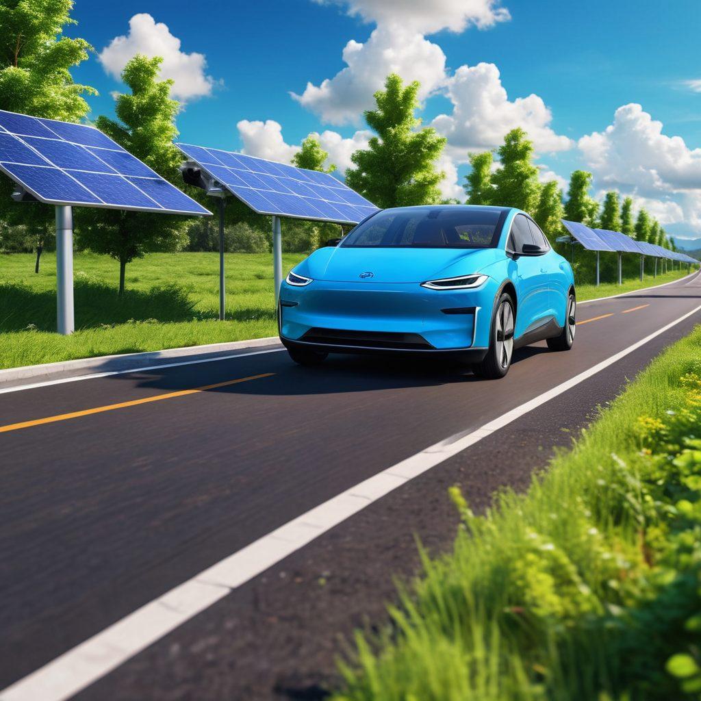 A sleek, modern electric car cruising down a scenic road lined with lush greenery and solar panels. The sky is bright blue with fluffy clouds, symbolizing a sustainable future. Include a mechanic working on a hybrid vehicle in the foreground, showcasing innovation. Illustrate a shift towards eco-friendly transportation with vibrant colors and dynamic movement. super-realistic. vibrant colors. 3D.